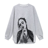 Printed Slit Design Loose Long Sleeve T-Shirt